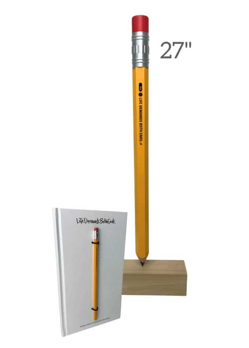 Long pencil with eraser representing life demands on both ends, concept of balancing responsibilities, 27 inches tall.